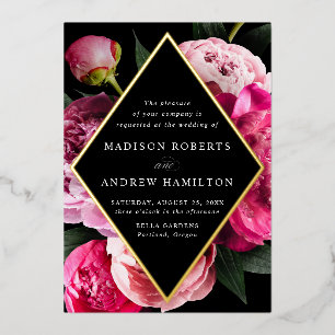 Vibrant Peonies Diamond Floral Frame Wedding Gold Foil Invitation