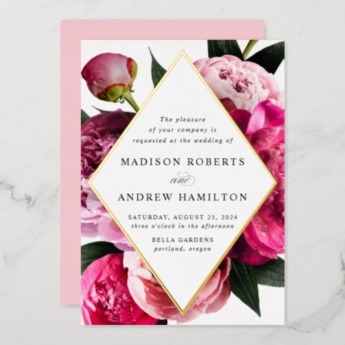 Vibrant Peonies Diamond Floral Frame Wedding Gold Foil Invitation