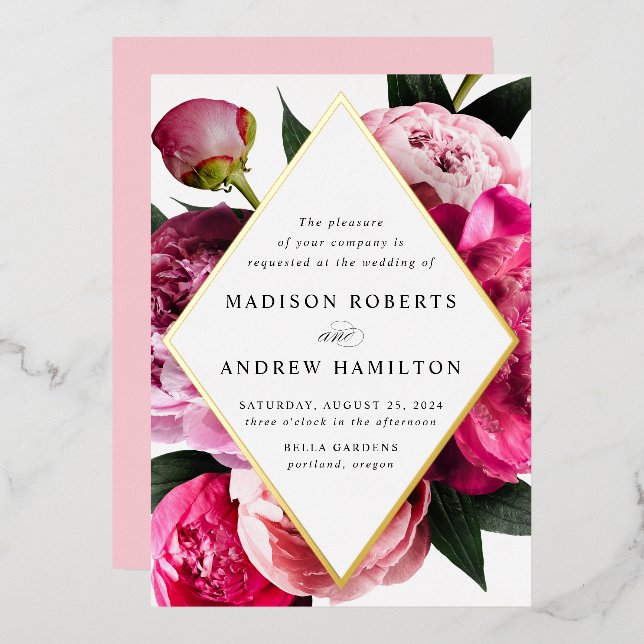 Vibrant Peonies Diamond Floral Frame Wedding Gold Foil Invitation (Front/Back)