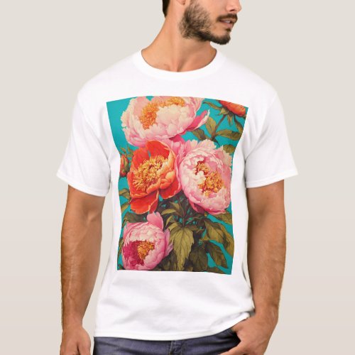  Vibrant Peony Blossoms Hyper_Realistic Riso Art T_Shirt