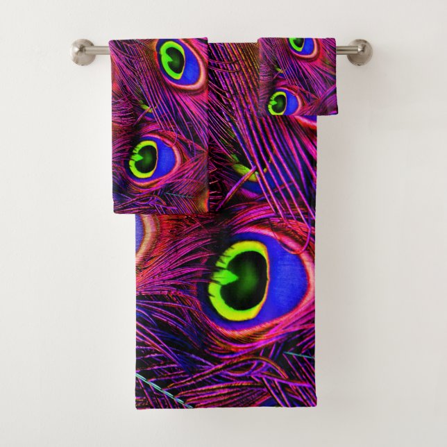Vibrant Personalize Peacock purple Feathers Bath Towel Set (Insitu)
