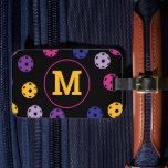 Vibrant pickleballs on black, custom initial  luggage tag<br><div class="desc">Neon pink, yellow and purple on black pickleball pattern, custom initial. Great as a gift. Luggage Tag with pickleballs and custom initial 🎾 Stand Out on Your Travels! 🌍 Vibrant Pickleball Pattern Luggage Tag, designed to make your luggage instantly recognizable on any journey. 🏖️🚗 🌈 Colorful and Eye-catching: Featuring a...</div>