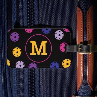 Vibrant pickleballs on black, custom initial  luggage tag