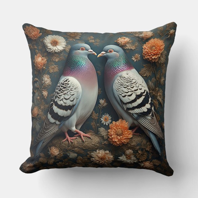 Vibrant Pigeons Surrounded by Blooming Flowers Throw Pillow (Front)