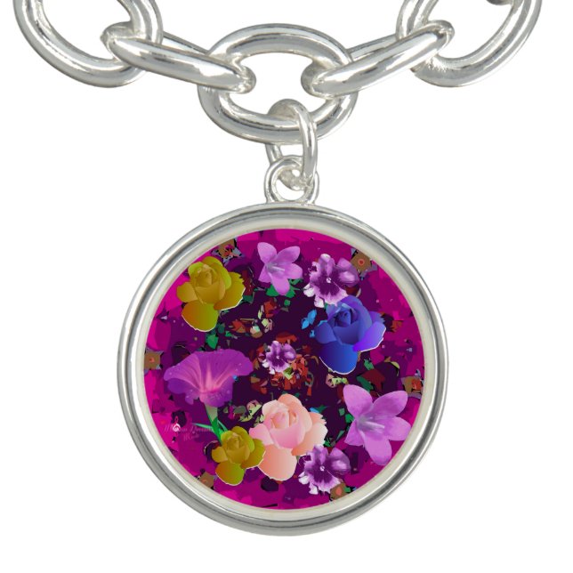 Vibrant Pink Abstract Floral Round Charm Bracelet (Design)