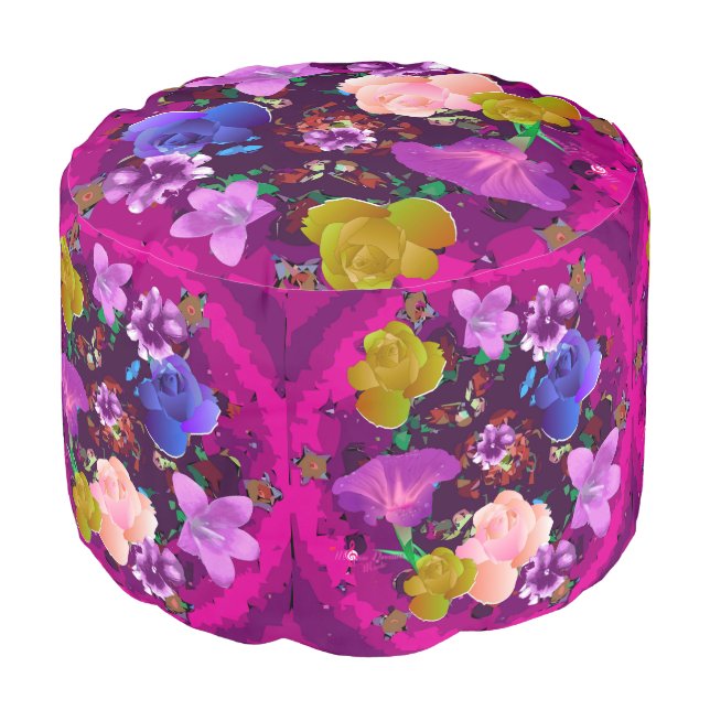 Vibrant Pink Abstract Floral Round Pouf (Angled Front)