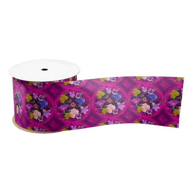 Vibrant Pink Abstract Floral Spool of Satin Ribbon (Spool)
