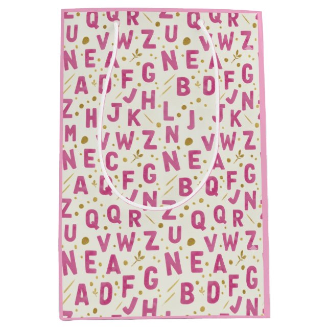 Vibrant Pink Alphabet and Gold Glitter Pattern Medium Gift Bag (Front)