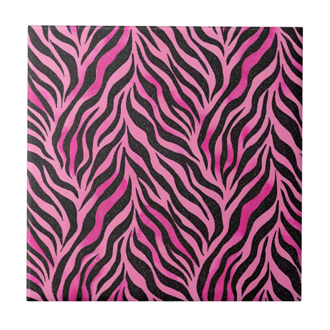 Vibrant Pink and Black Zebra Print Ceramic Tile (Front)