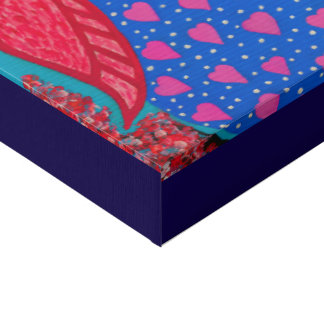 Vibrant Pink and Blue Owl with Heart Pattern Art Faux Canvas Print