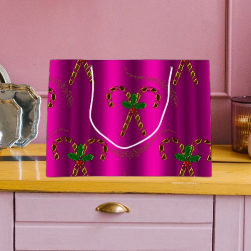 Vibrant Pink and Gold Candy Cane Christmas Large Gift Bag