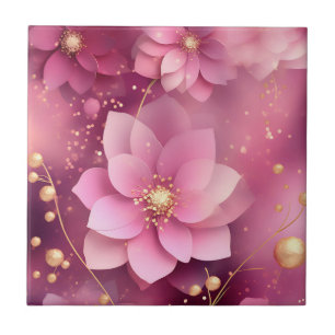 Vibrant Pink and Gold Floral Ceramic Tile