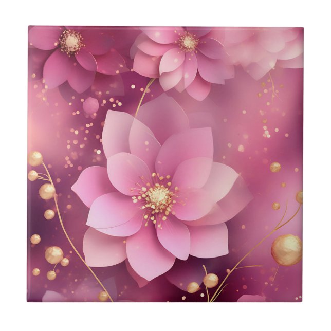 Vibrant Pink and Gold Floral Ceramic Tile (Front)