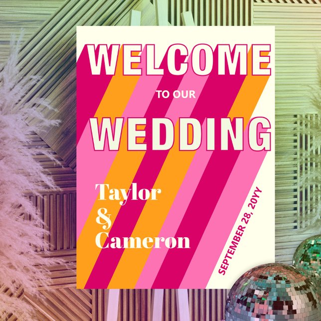 Vibrant Pink and Gold Large Wedding Welcome Sign (Vibrant Pink and Gold Stripes Retro Wedding Welcome Foam Board. 24x36)