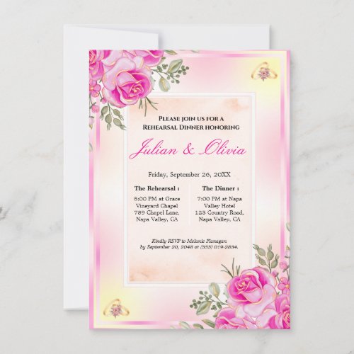 Vibrant Pink and Gold Rehearsal Dinner Invitation