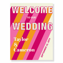 Vibrant Pink and Gold Retro Wedding Welcome Sign
