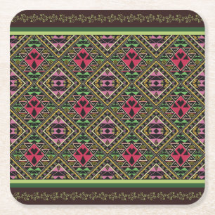 Vibrant Pink and Green Abstract Fabric Art Square Paper Coaster