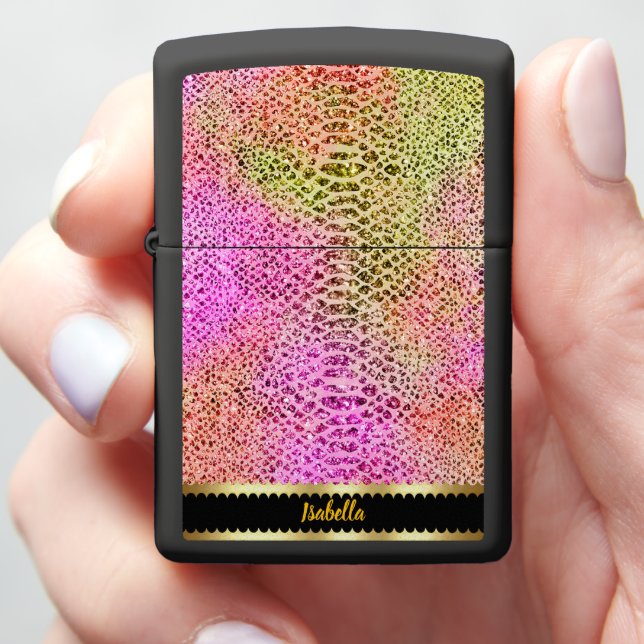 Vibrant pink and green snakeskin design zippo lighter (In Hand)