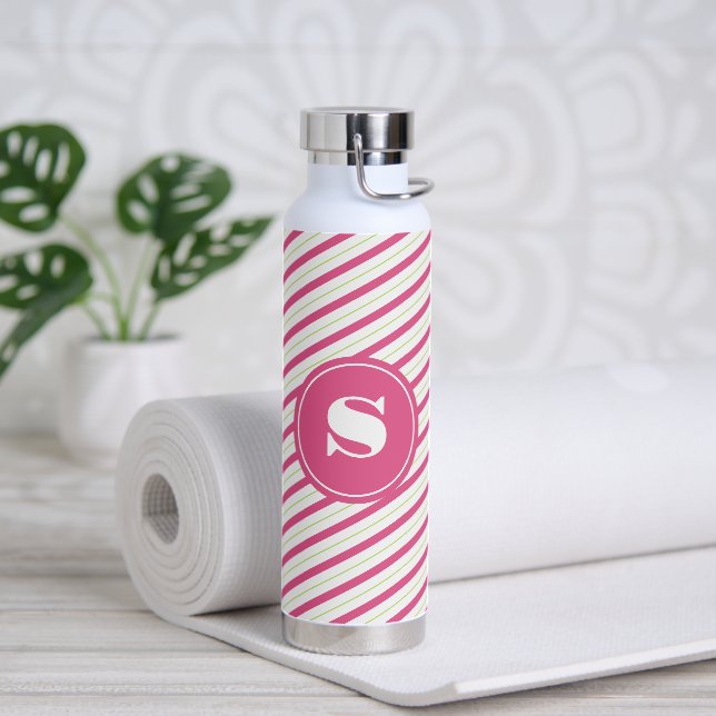 Vibrant Pink and Green Stripes Monogram Water Bottle (Yoga)