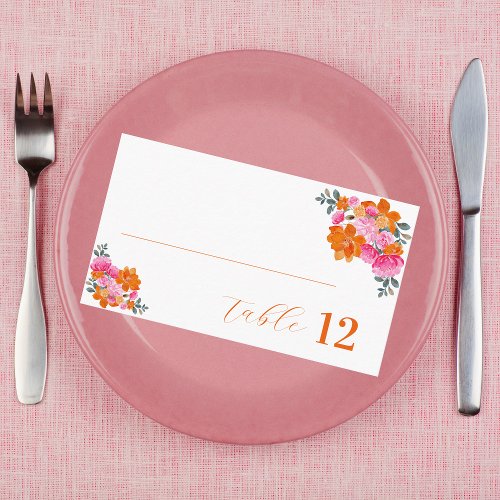 Vibrant Pink and Orange Floral Flat Summer Wedding Place Card