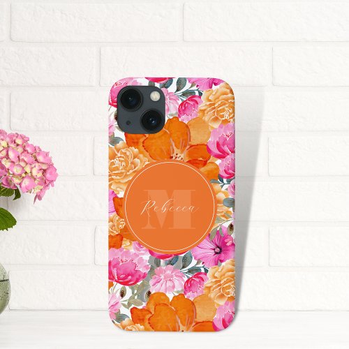 Vibrant Pink and Orange Floral Garden Custom Name iPhone 13 Case
