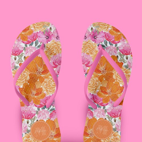 Vibrant Pink and Orange Floral Garden Custom Name Flip Flops