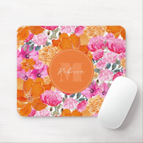 Vibrant Pink and Orange Floral Garden Custom Name Mouse Pad