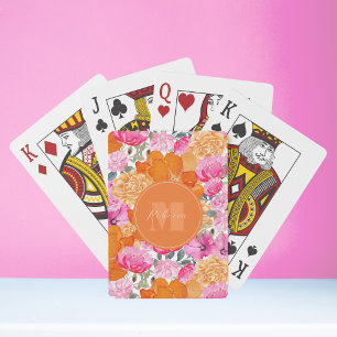 Vibrant Pink and Orange Floral Garden Custom Name Poker Cards