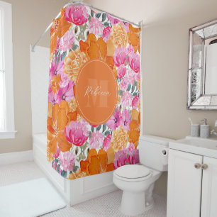 Vibrant Pink and Orange Floral Garden Custom Name Shower Curtain