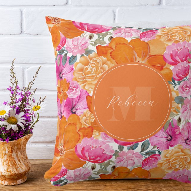 Vibrant Pink and Orange Floral Garden Custom Name Throw Pillow (Creator Uploaded)