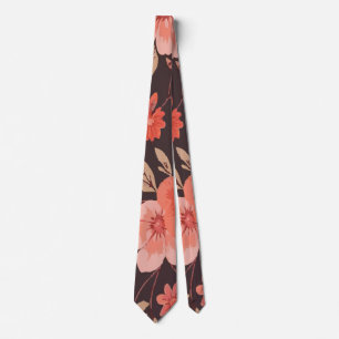 Vibrant Pink and Orange Floral on Dark Brown Neck Tie