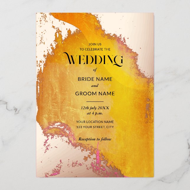 Vibrant Pink and Orange Texture Wedding Foil Invitation (Front)