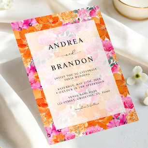 Vibrant Pink and Orange Watercolor Floral Wedding Invitation