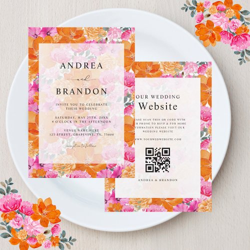 Vibrant Pink and Orange Watercolor Floral Wedding Invitation