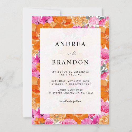 Vibrant Pink and Orange Watercolor Floral Wedding Invitation