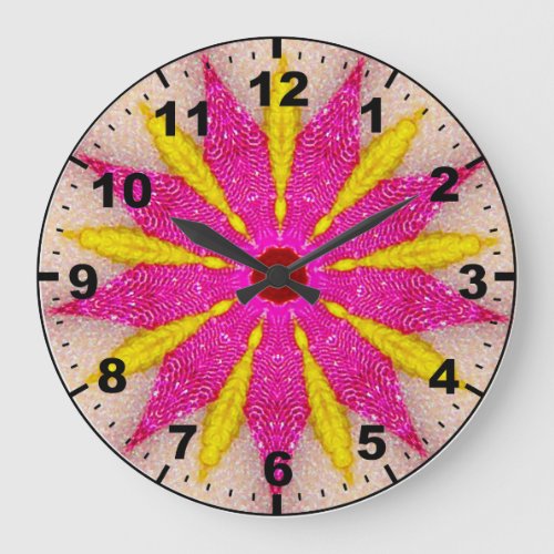 Vibrant Pink and Yellow Star Fractal   Large Clock
