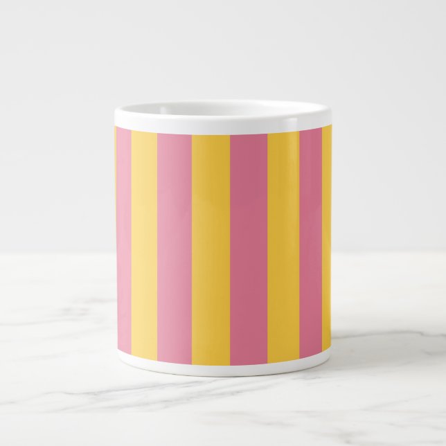 Vibrant Pink and Yellow Vertical Striped Pattern Giant Coffee Mug (Front)