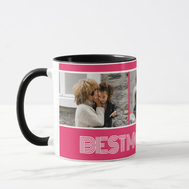Vibrant Pink Best Mom Ever 3 Photo Collage Custom Mug (Left)