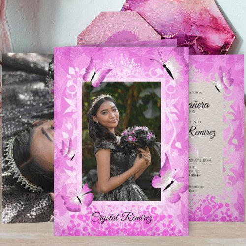 Vibrant Pink  Black Butterfly Quinceanera  Card