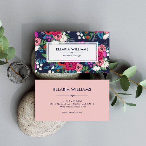 Vibrant Pink Blue Boho Floral Pattern Business Card