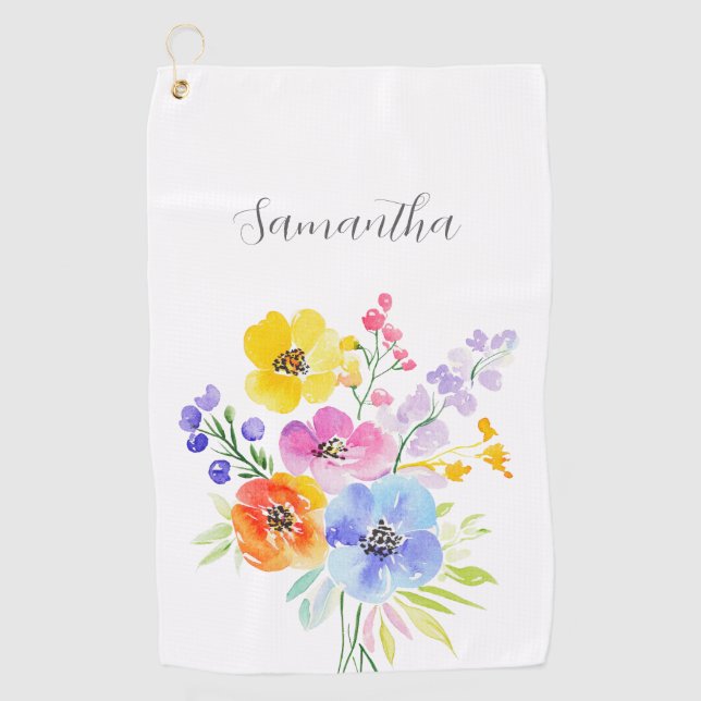 Vibrant Pink Blue Floral Personalized  Golf Towel (Front)