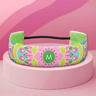 Vibrant Pink Blue Lime Bohemian Flower Monogram Athletic Headband
