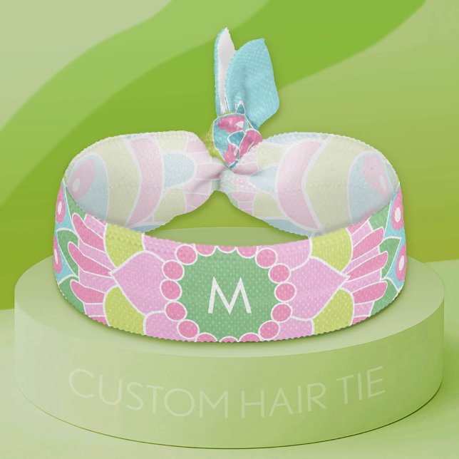 Vibrant Pink Blue Lime Bohemian Flower Monogram Elastic Hair Tie (Custom Hair Band)