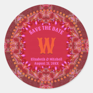Vibrant Pink Bohemian Batik Inspired Save the Date Classic Round Sticker