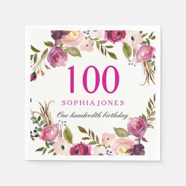Vibrant Pink Botanical Floral 100th Birthday Party Napkins (Front)