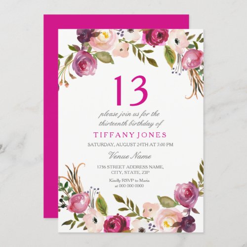 Vibrant Pink Botanical Floral 13th Birthday Invite