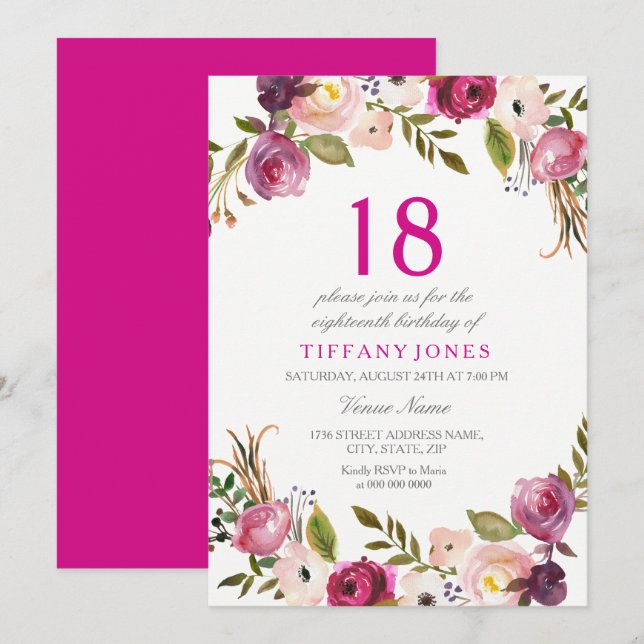 Vibrant Pink Botanical Floral 18th Birthday Invite (Front/Back)