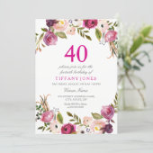 Vibrant Pink Botanical Floral 40th Birthday Invite (Standing Front)