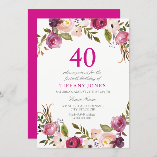 Vibrant Pink Botanical Floral 40th Birthday Invite (Front/Back)