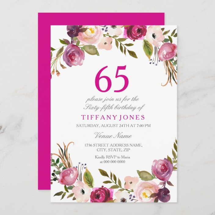 Vibrant Pink Botanical Floral 65th Birthday Invite 